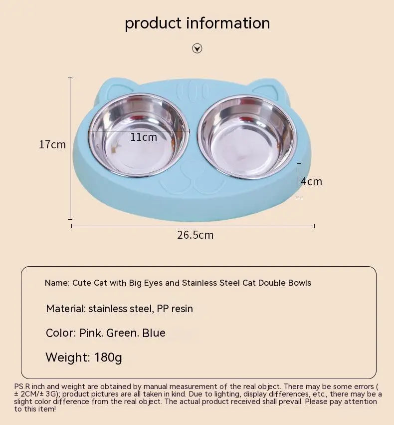 Stainless steel cat bowl in blue with dual feeding sections, designed for pets.