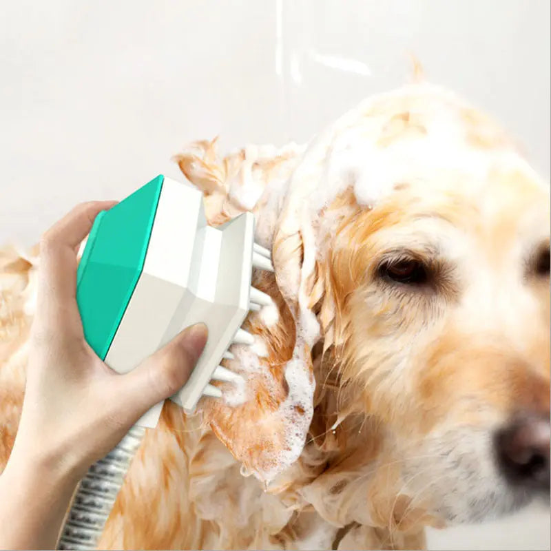 Pet being bathed with a pet shower brush nozzle for grooming.