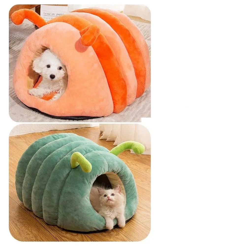 Plush pet bed for cats, winter warm caterpillar design in orange and green, crystal velvet plush.