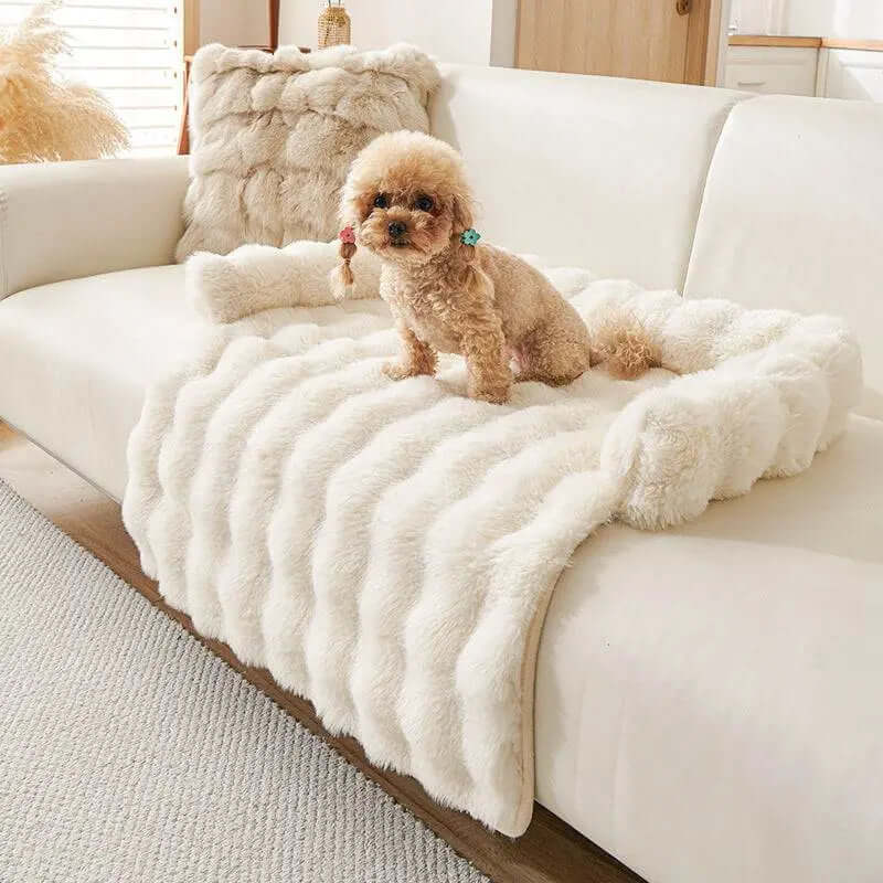 Plush dog resting on cream-colored non-slip thermal mat on sofa.