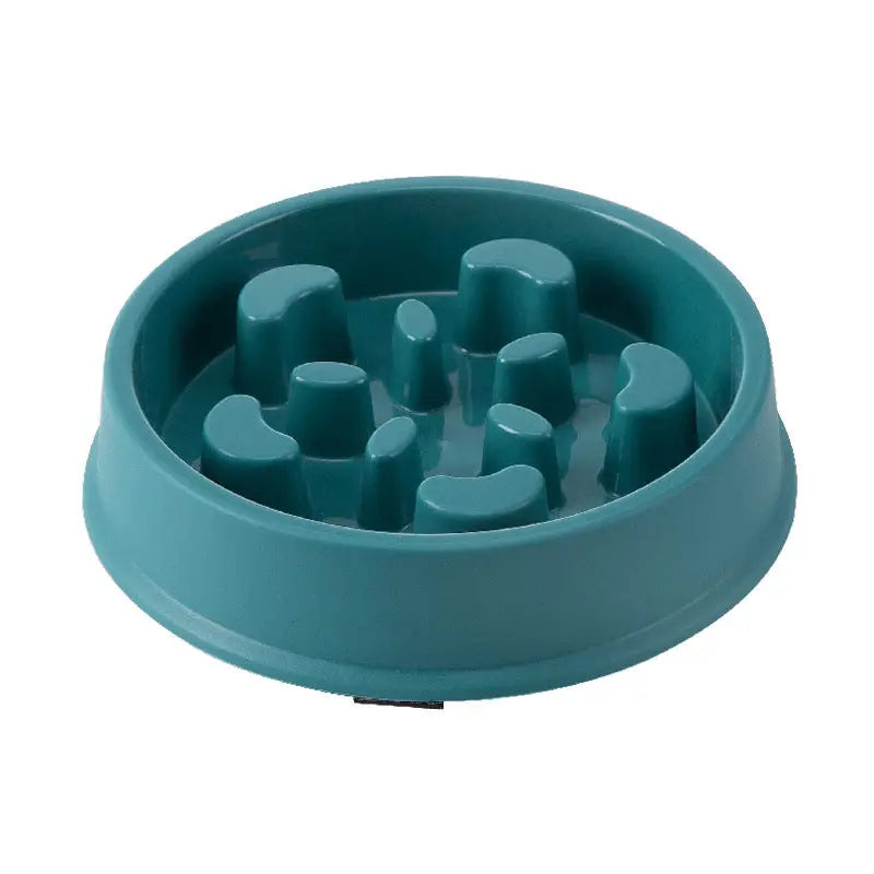 Petal-shaped plastic pet slow feeding bowl in teal.