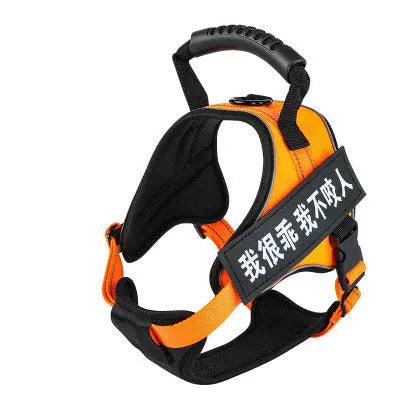 Bright orange pet harness with adjustable straps and handle.