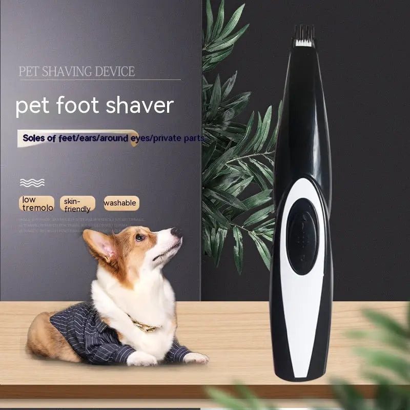 Electric pet hair clipper for cats and dogs, black ABS plastic, suitable for trimming feet, ears, and delicate areas.