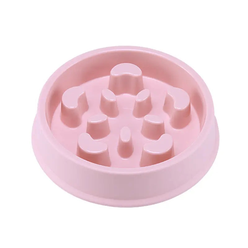 Petal-shaped plastic pet slow feeding bowl in pink.