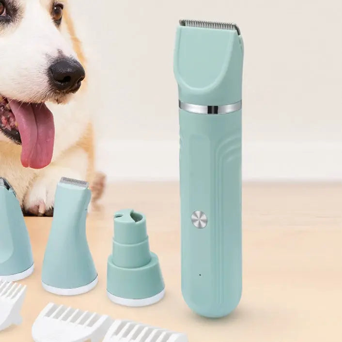 Pet shaver electric clipper in mint green with various attachments and a dog in the background.