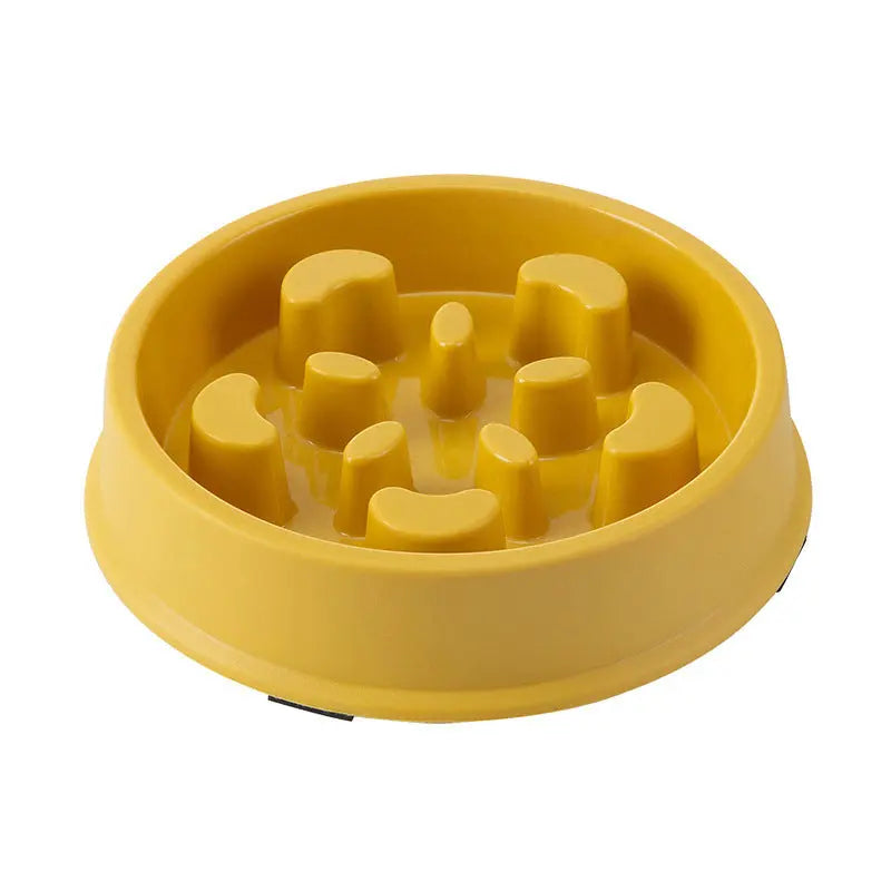 Petal-shaped plastic pet slow feeding bowl in yellow.