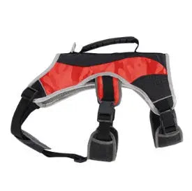 Reflective pet harness with adjustable straps and handle.