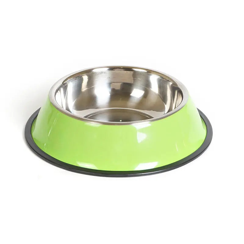 green stainless steel pet feeding basin with non-slip base