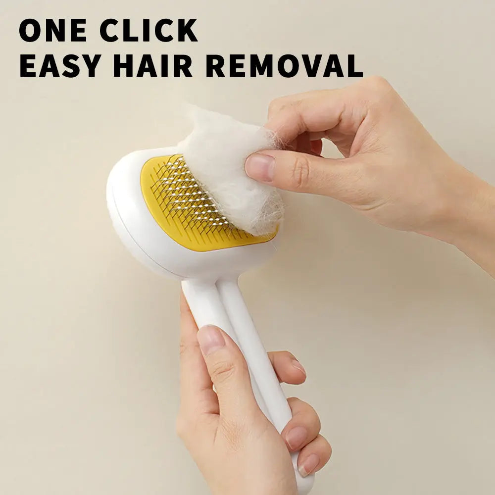 Cat brush with stainless steel pins and one-click cleaning, easy hair removal.