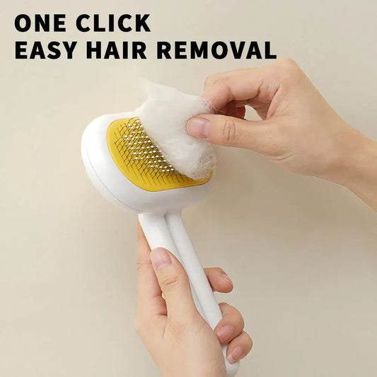 Cat brush with stainless steel pins and one-click cleaning, easy hair removal.