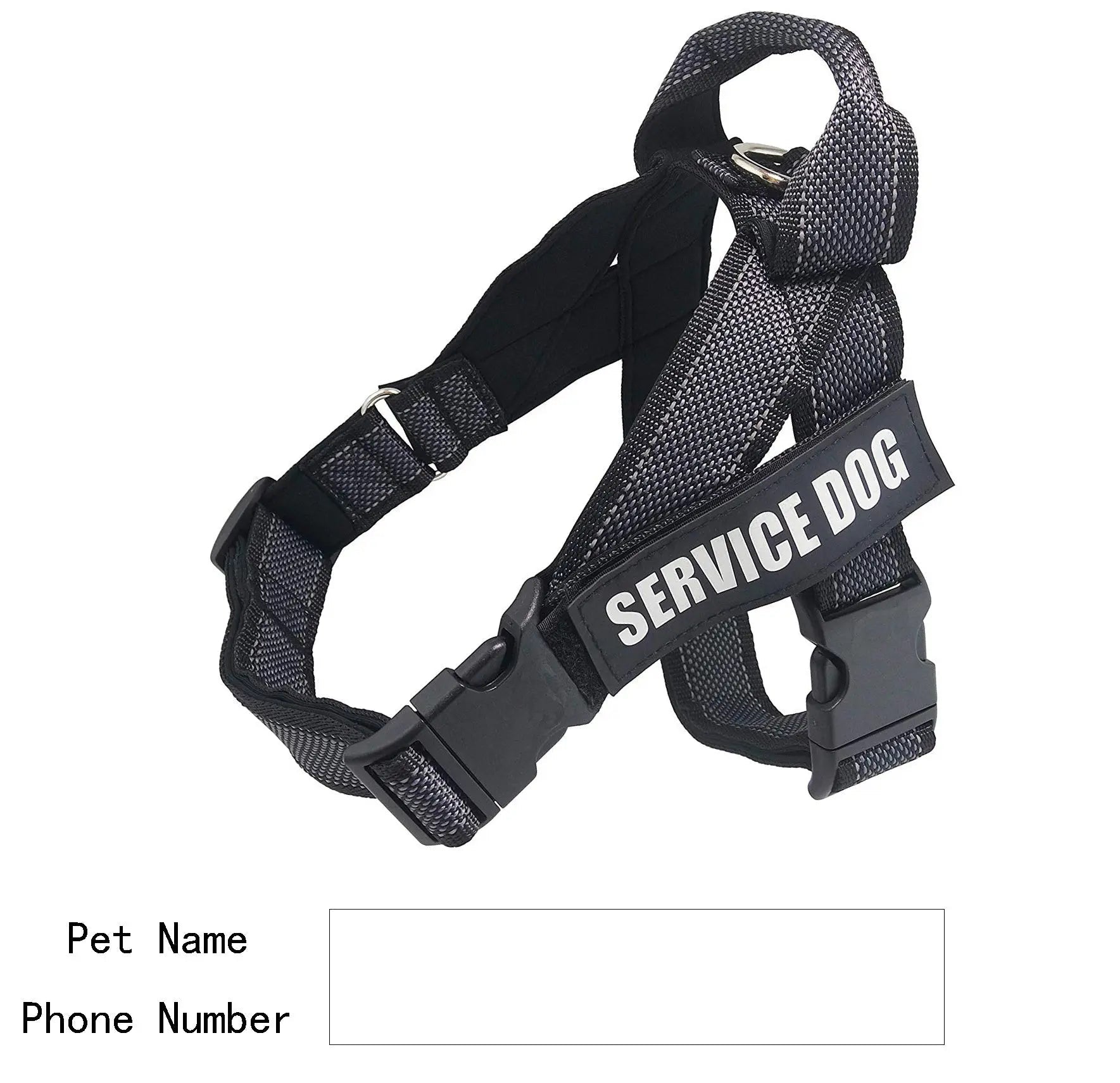 Personalize pet harness with service dog label and customizable name and phone number options.