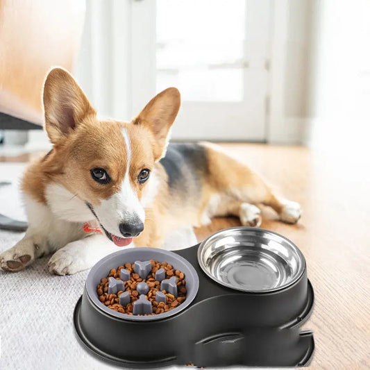 Pet slow feeding bowl with removable compartments, suitable for dogs and cats, made of stainless steel and PP, shown in black.