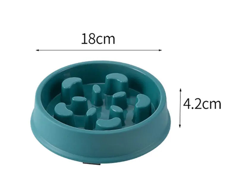 Petal-shaped plastic pet slow feeding bowl in blue, 18 cm diameter, 4.2 cm height.