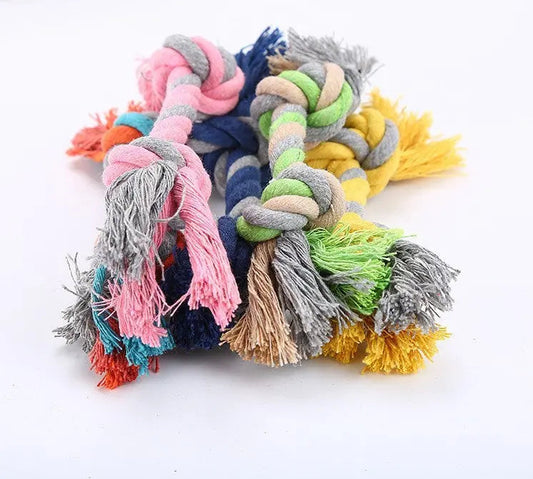 Colorful cotton rope pet toy with knots for dogs.