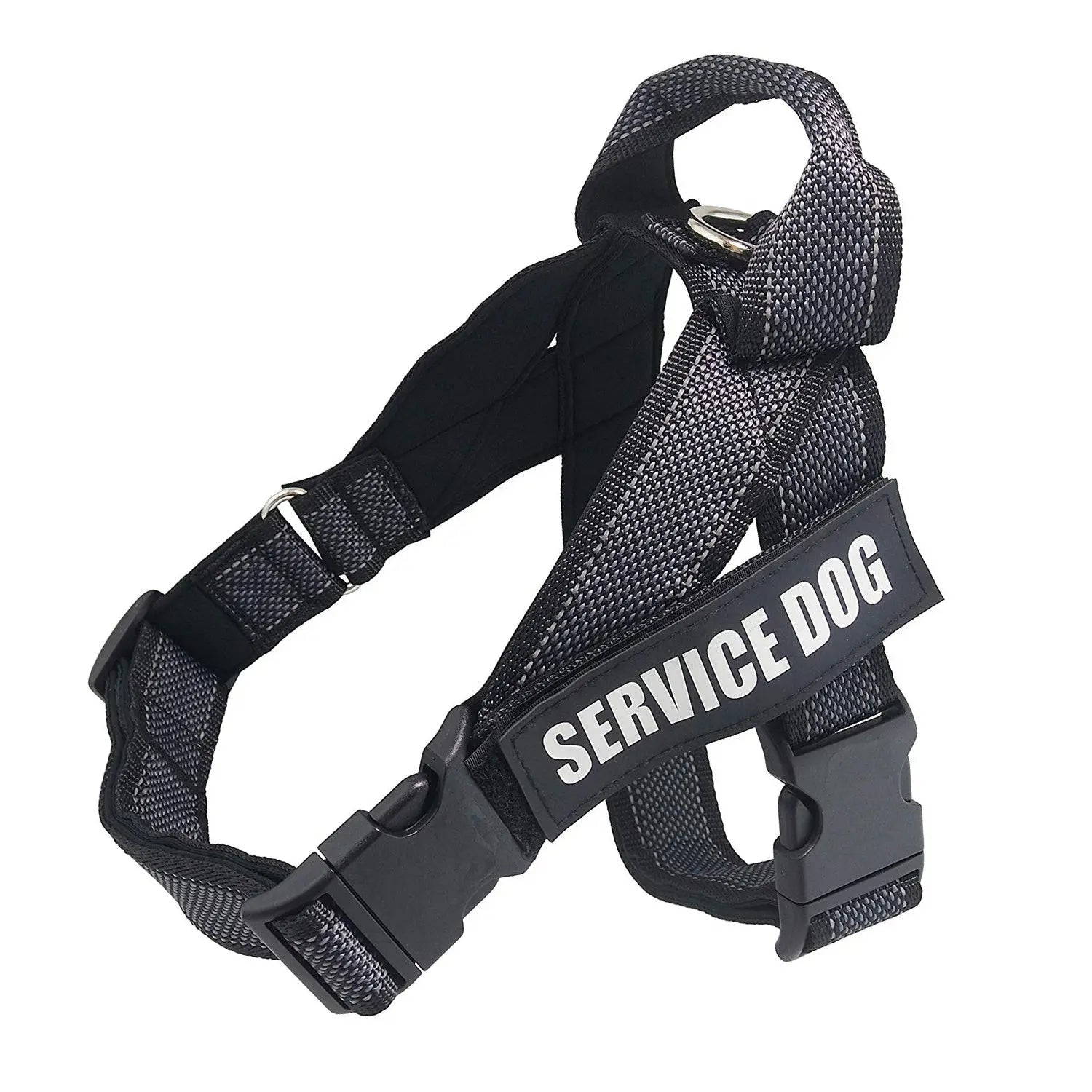 Black personalize pet harness with adjustable straps and "Service Dog" label.