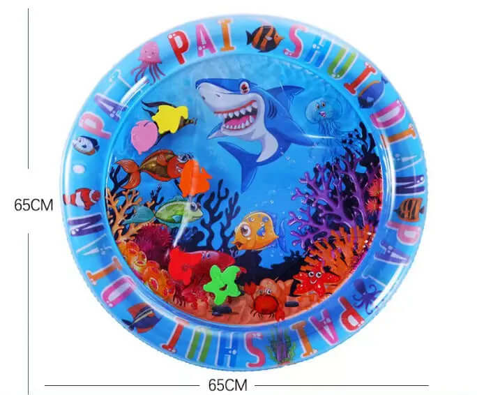 Summer Cooling Pet Water Bed with shark and fish design, 65cm inflatable playmat for cats.