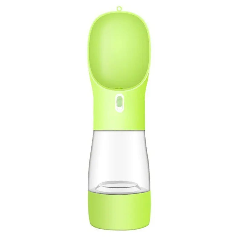 Portable pet dog water bottle with bowl, green plastic, large opening design.