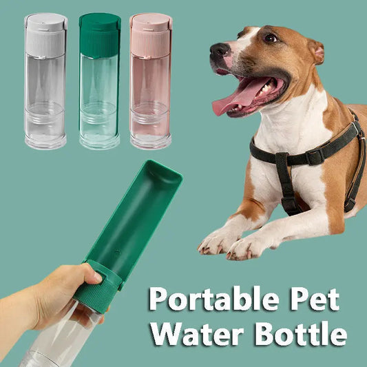 Portable pet water bottle with dog, showcasing easy-to-use design and color options in green, white, and pink.