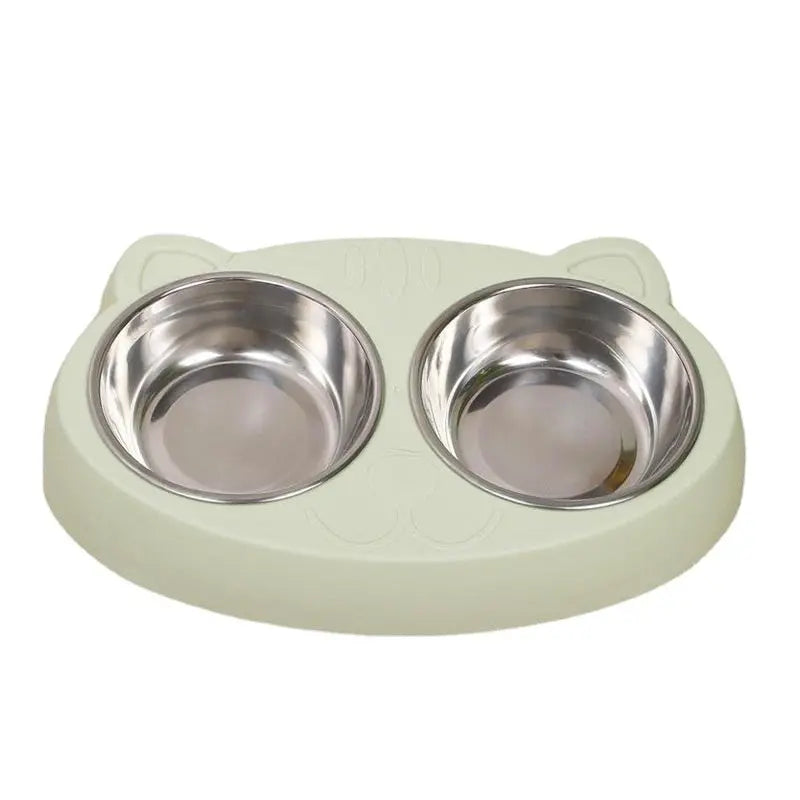 Cat face stainless steel bowl with dual feeding compartments, suitable for cats.