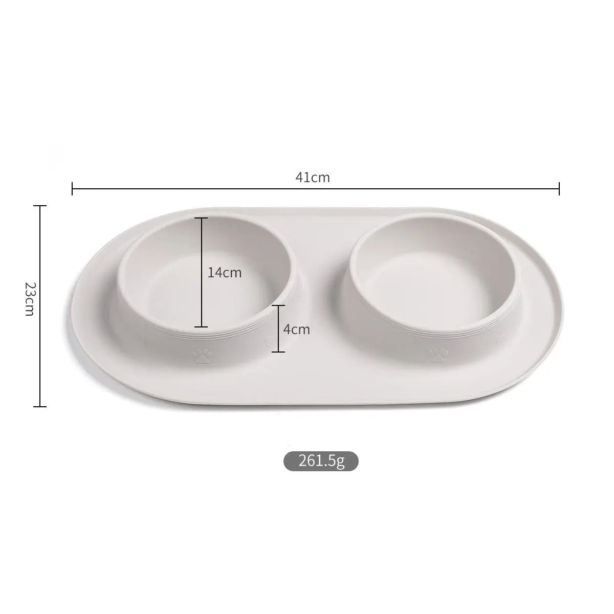 Light gray silicone pet feeding bowl with dual compartments, milky white color.