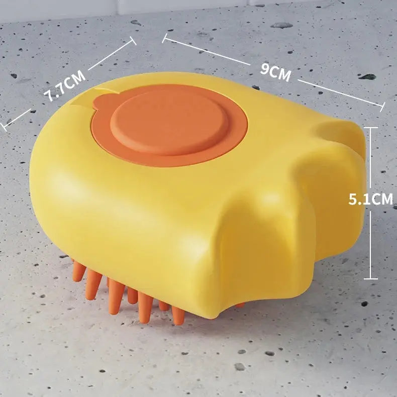 Yellow pet bath brush with ergonomic design, suitable for cat and dog grooming.