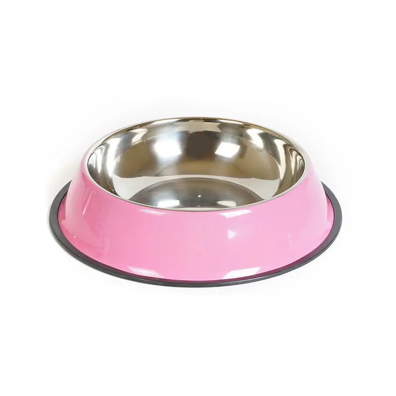 Stainless steel pet feeding basin with non-slip pink exterior.