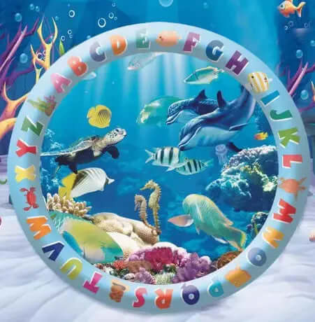 Underwater-themed summer cooling pet water bed for sensory cat play.