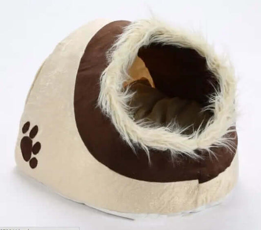 Cozy cloth pet bed with paw print design, dimensions 40x35x35cm.