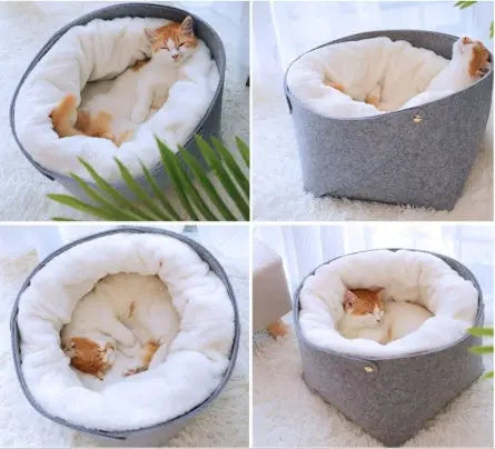 Cozy gray pet bed with plush interior and sleeping cat.