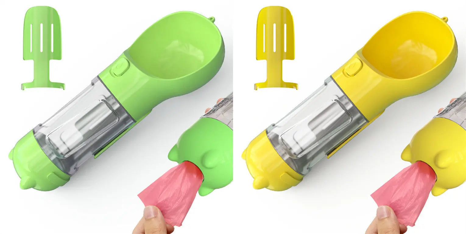 Portable pet water bottle and feeder with garbage bag storage in green and yellow colors.