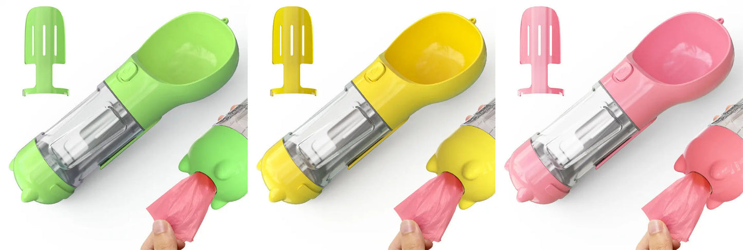 Portable pet water bottle with feeder bowl and garbage bag storage in green, yellow, and pink.