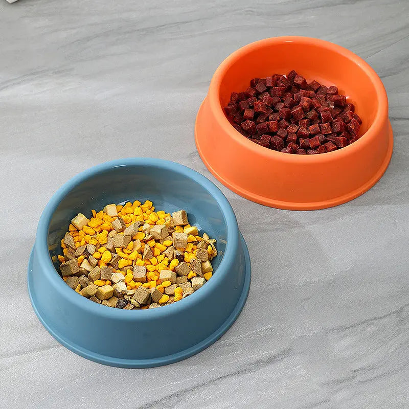 Colorful plastic pet bowls with frosted footprint design for dog and cat feeding.