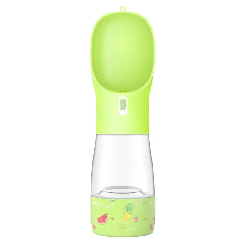 Portable pet dog water bottle feeder in green, plastic material, perfect for travel.