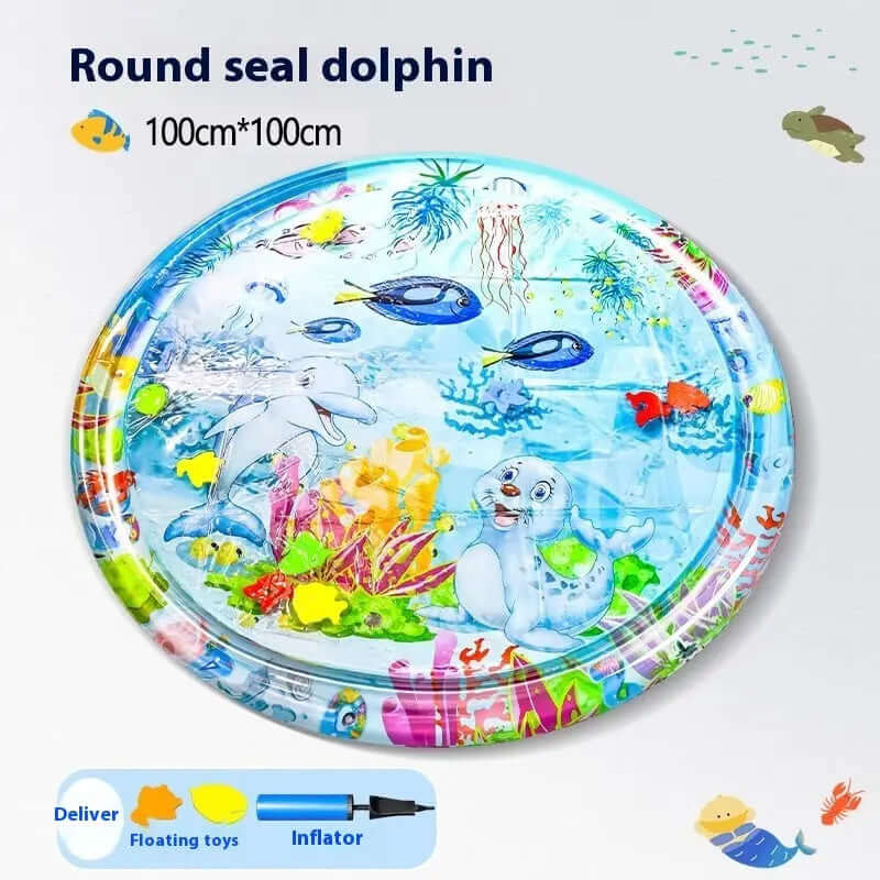 Round seal dolphin summer cooling pet water bed, 100cm size, featuring colorful aquatic design for cats.