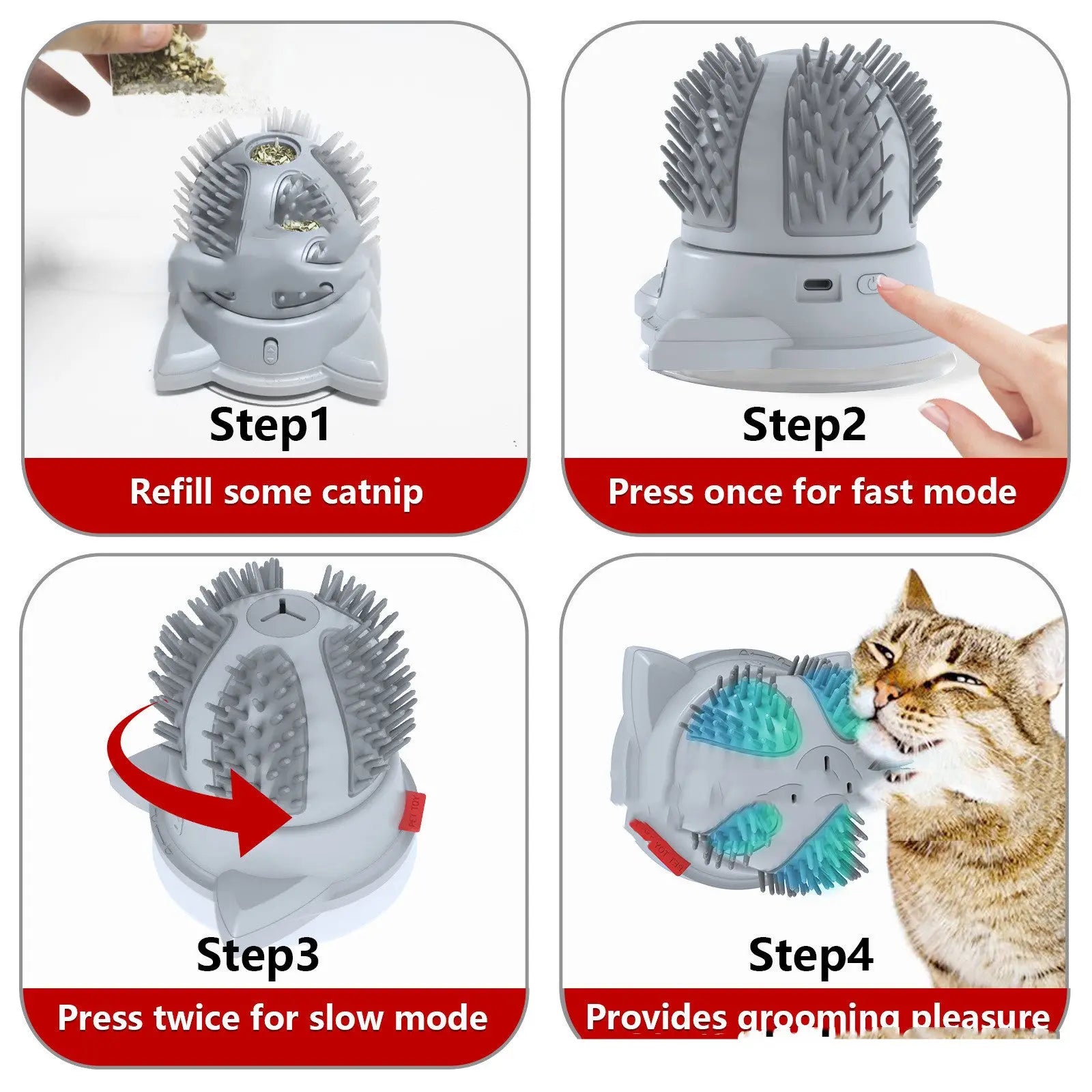 Electric Pets Cat Brush massaging toy with LED light and cat enjoying grooming experience.