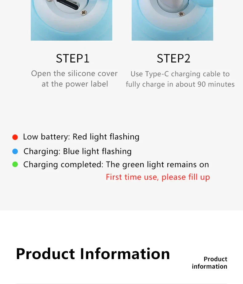 Charging instructions for ZoomieRoller™ Smart Toy with Type-C cable and LED status lights.