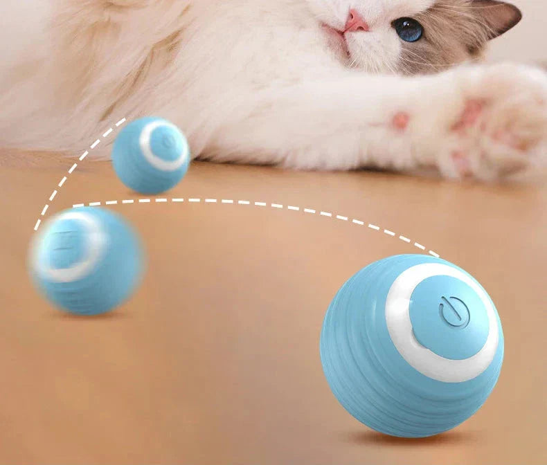 Blue ZoomieRoller™ Smart Toy ball for cats rolling with cat in background.