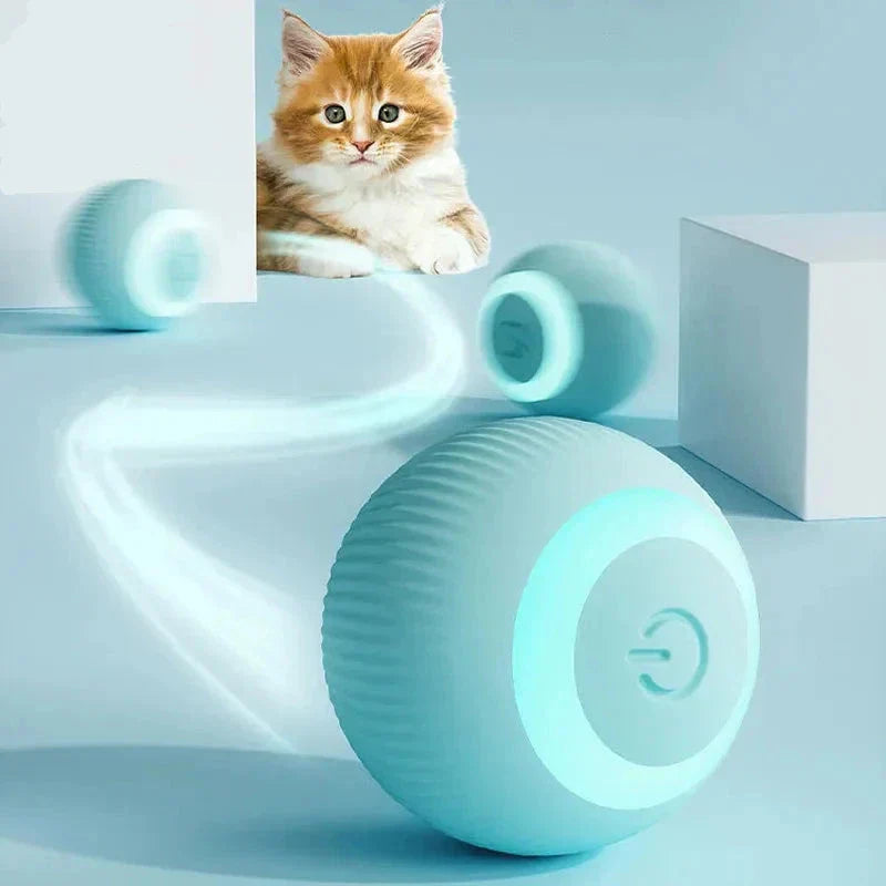 Interactive ZoomieRoller™ Smart Toy for cats, silicone ball with smart features in blue, ideal for indoor play.