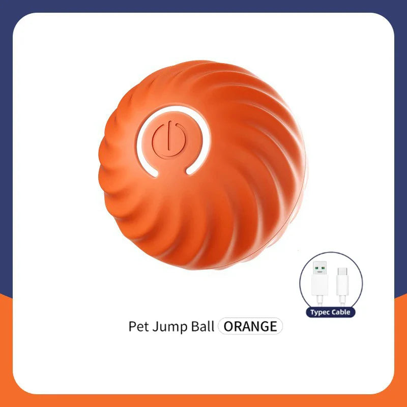 Smart Dog Toy Ball, electronic interactive pet toy in orange with USB charging cable, for puppies and kittens.