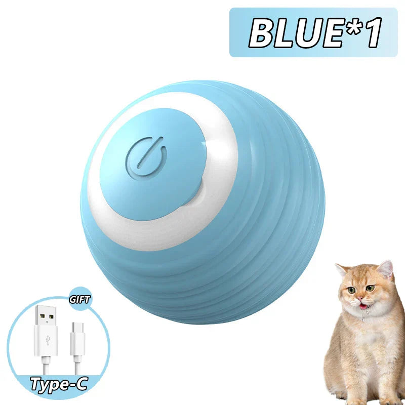 Blue ZoomieRoller™ Smart Toy for cats with Type-C cable and gift tag, featuring silicone material.