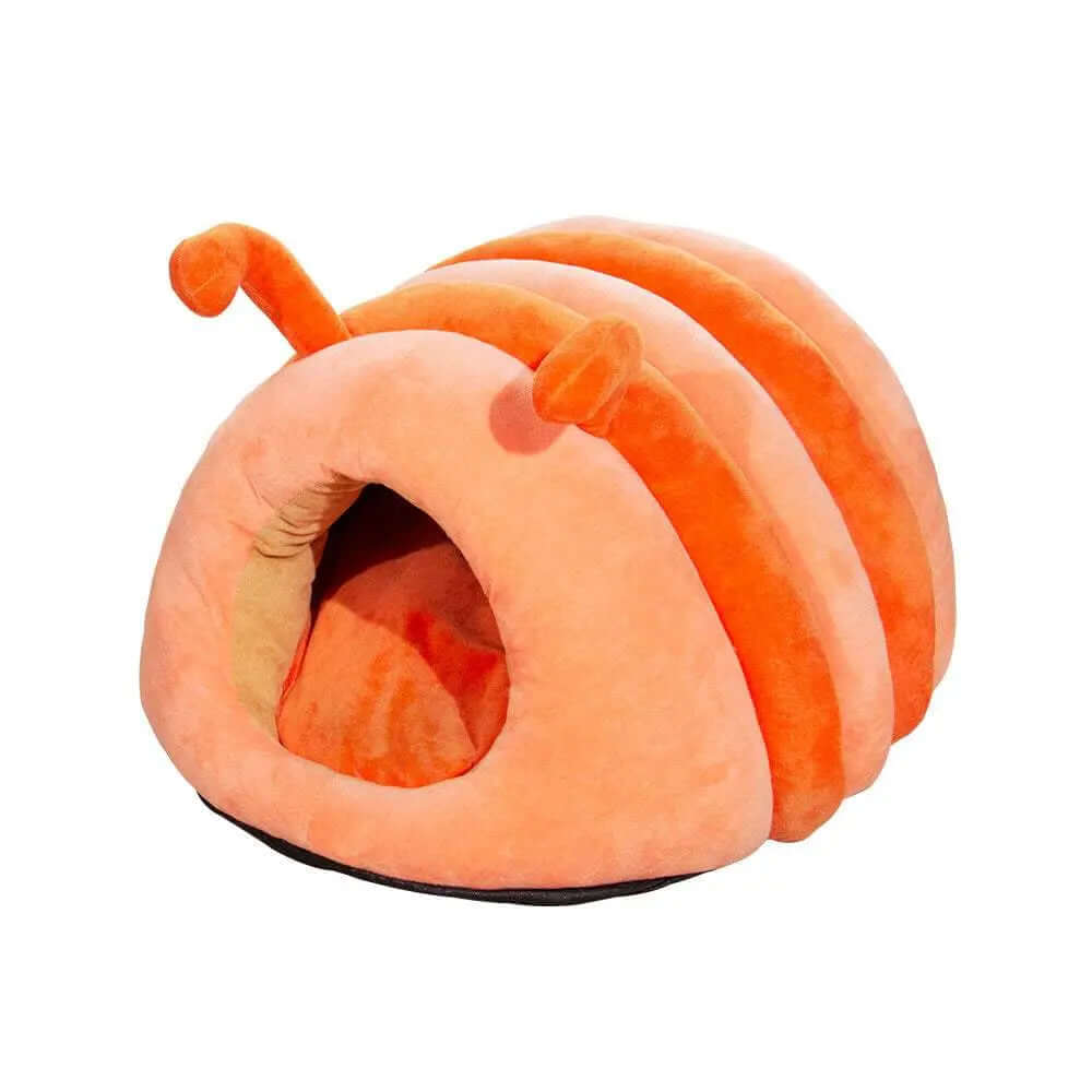 Plush Caterpillar-shaped orange pet bed for cats, made from crystal velvet brushed plush, ideal for winter warmth.