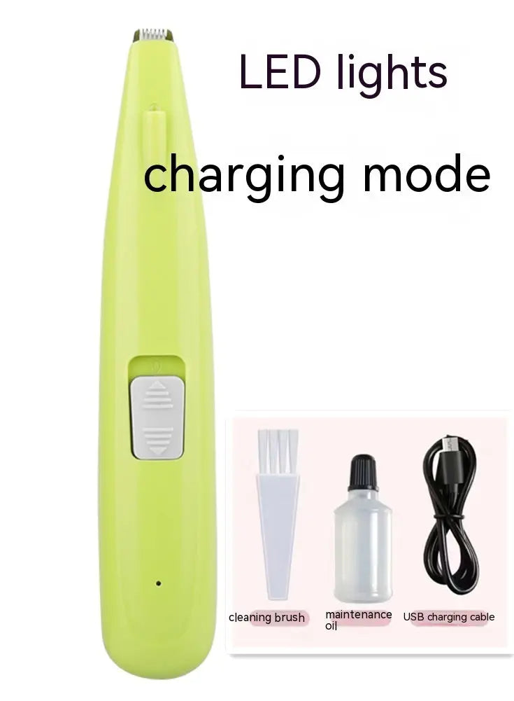 Electric pet hair clipper with LED lights and charger, ideal for cats and dogs grooming.