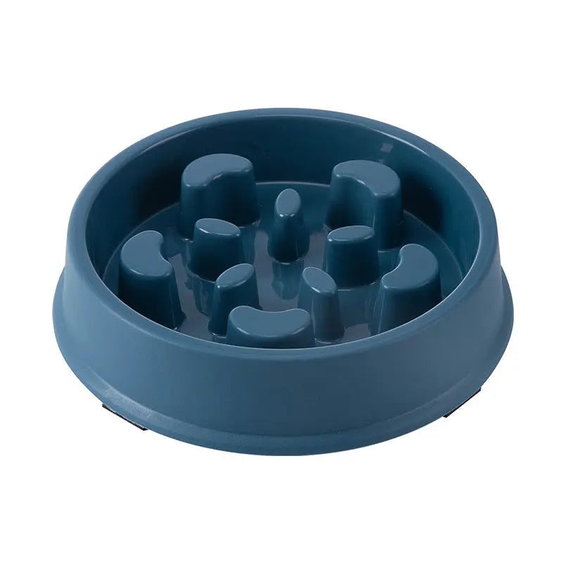 Petal-shaped plastic pet slow feeding bowl in dark blue.