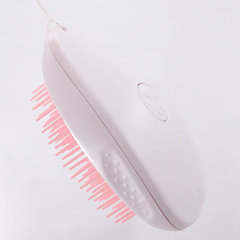 White ABS cat hair brush with pink bristles, ergonomic design.