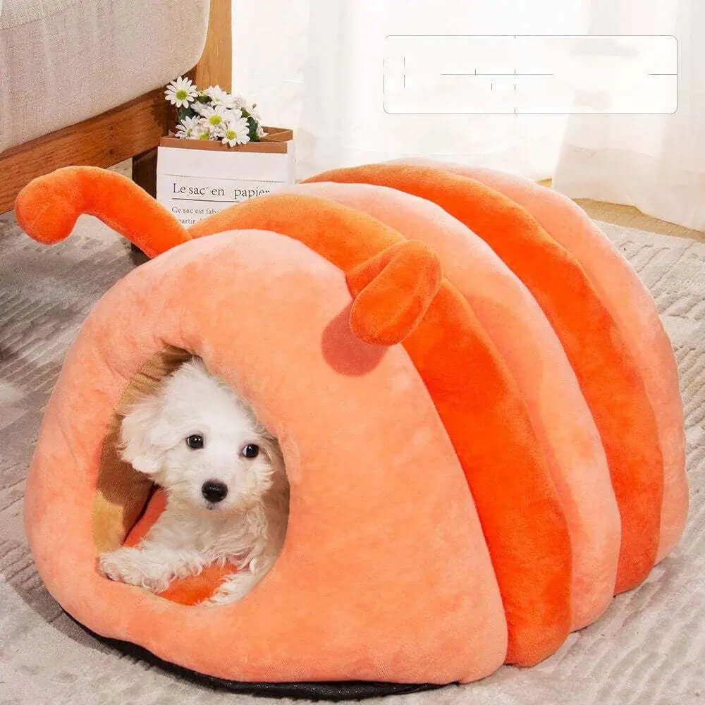 Plush pet bed in caterpillar shape, orange, for cats, made of crystal velvet brushed plush.