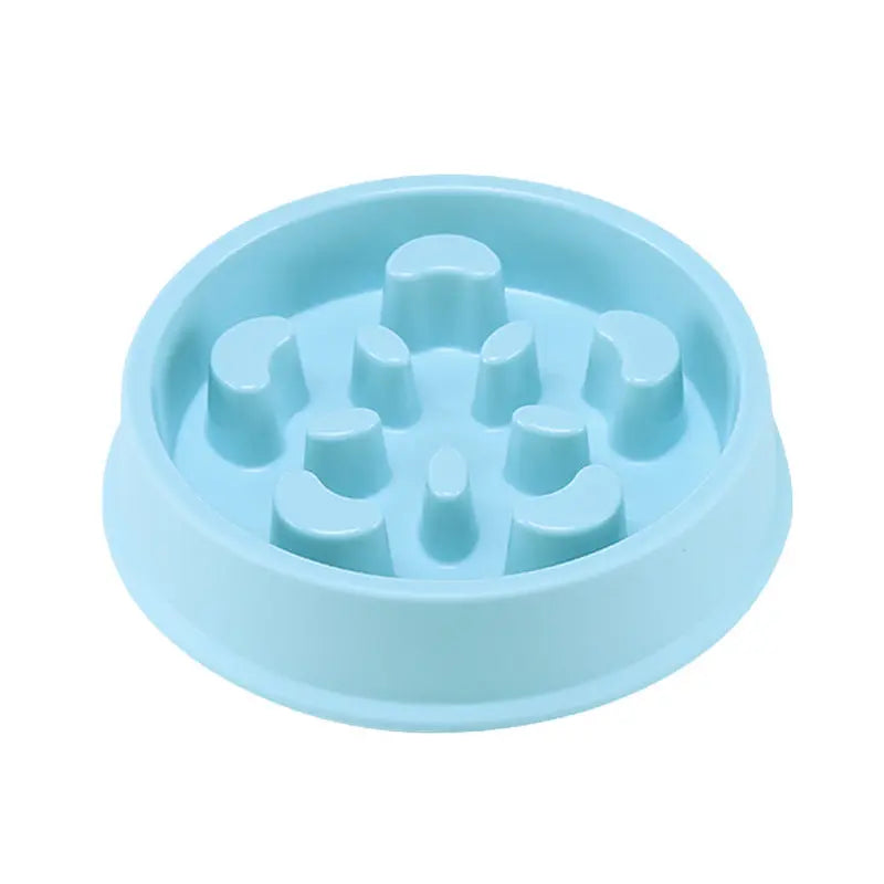 Petal-shaped plastic pet slow feeding bowl in light blue.