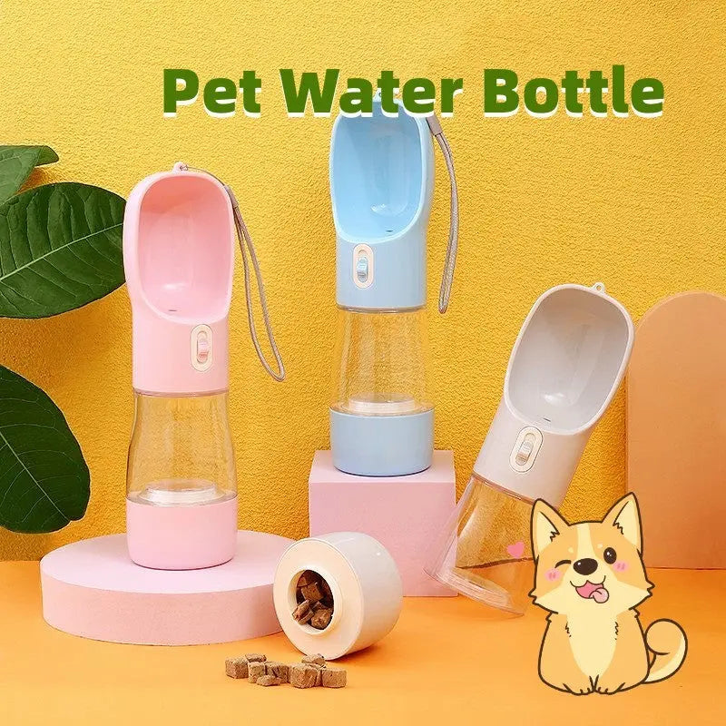 Portable pet dog water bottle feeder bowl in pink, blue, and gray, shown with cartoon dog illustration.