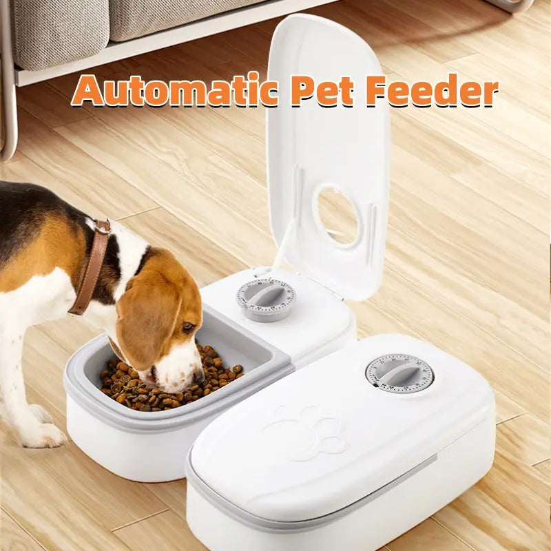 Automatic pet feeder dispensing food to a dog on a wooden floor.