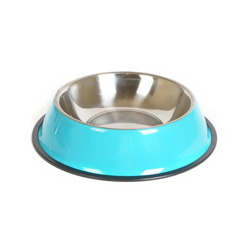 Stainless steel pet feeding basin with non-slip design in blue.