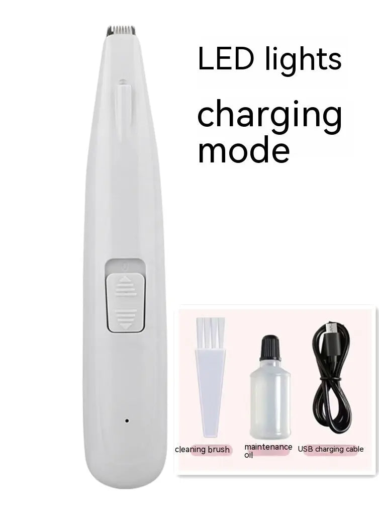 Pet hair clipper with LED lights, includes cleaning brush, maintenance oil, and USB charging cable.